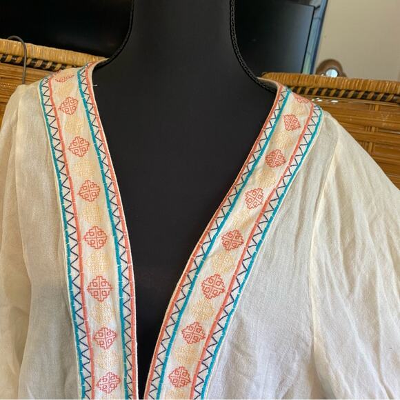 Natural Reflections Cream Kimono with Colorful southwest embroidery and Fringe M - Picture 3 of 7